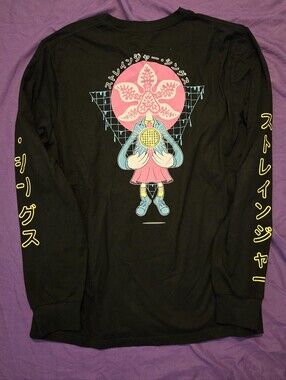 Black Long-Sleeve Graphic Tee with Pink Character Print